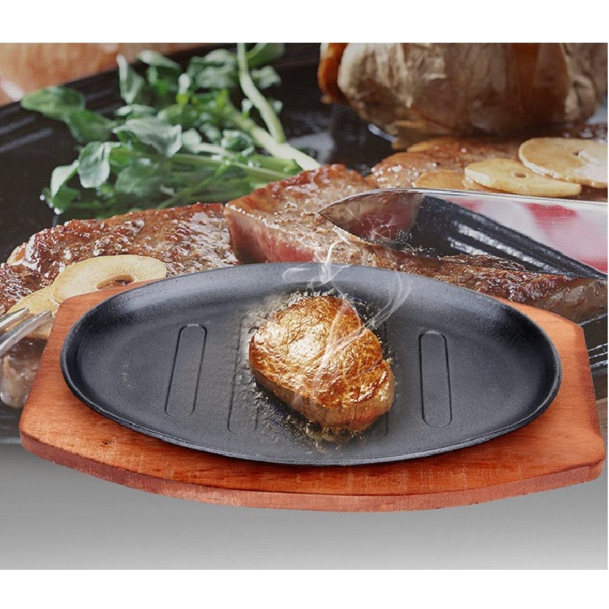 Cast Iron Sizzling Platter with Wooden Holder - Image 5